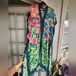 Sigal RARE Stunning Floral Multicolor Kaftan Tropical Resort Dress One Size